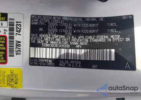 2014 Toyota Sienna Le V6 8 Passenger z USA, uszkodzony, nr VIN 5TDKK3DC8ES495898